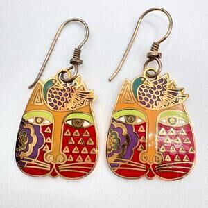 Vintage Laurel Burch “Mariah” Cat Bird Dangle Earrings Cloisonné Artist Signed
